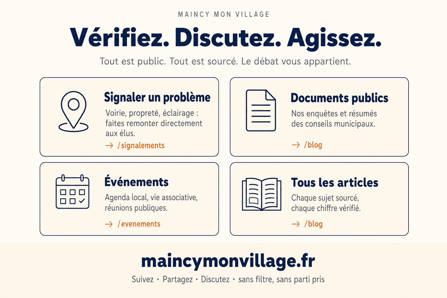 Maincy Mon Village (maincymonvillage.fr), média citoyen indépendant pour la commune de Maincy en Seine-et-Marne (77950) : signalez les problèmes, suivez les délibérations du conseil municipal, retrouvez les enquêtes locales et l'agenda des événements